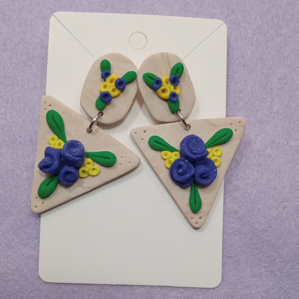Triangle and Flowers Polymer Clay Earrings